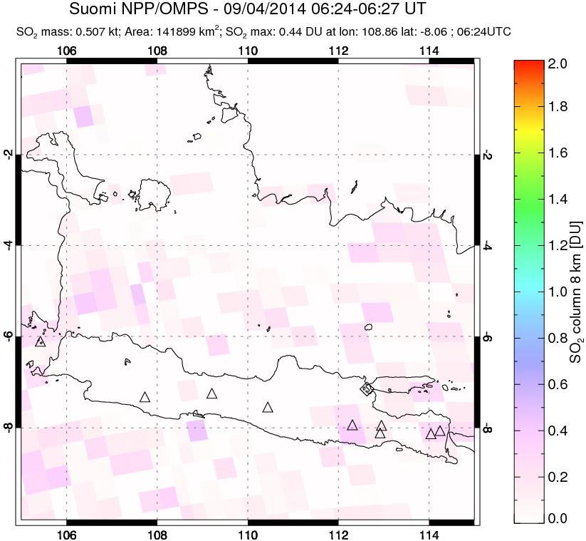 A sulfur dioxide image over Java, Indonesia on Sep 04, 2014.