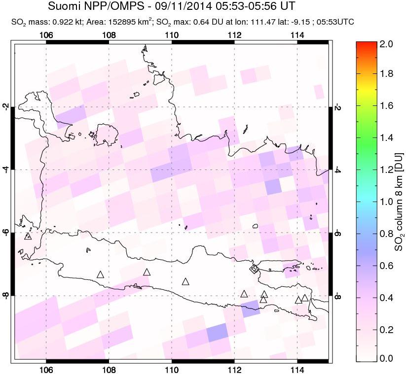 A sulfur dioxide image over Java, Indonesia on Sep 11, 2014.