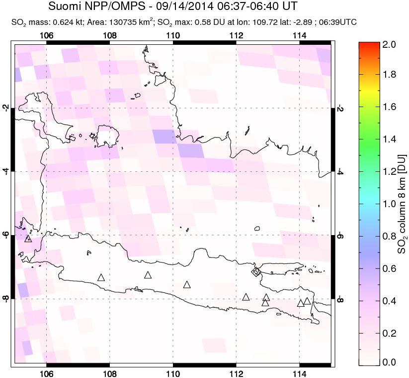A sulfur dioxide image over Java, Indonesia on Sep 14, 2014.