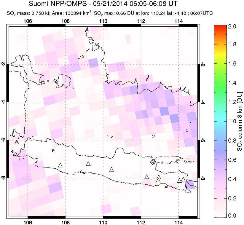 A sulfur dioxide image over Java, Indonesia on Sep 21, 2014.