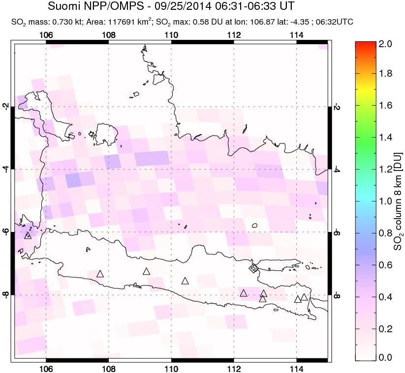 A sulfur dioxide image over Java, Indonesia on Sep 25, 2014.