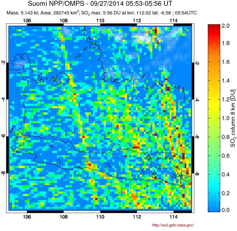 A sulfur dioxide image over Java, Indonesia on Sep 27, 2014.
