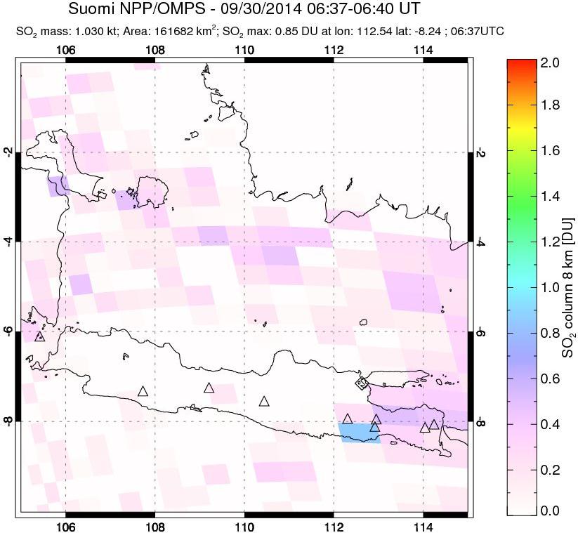 A sulfur dioxide image over Java, Indonesia on Sep 30, 2014.