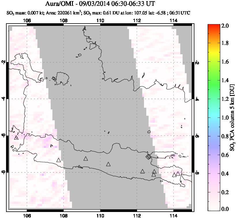 A sulfur dioxide image over Java, Indonesia on Sep 03, 2014.