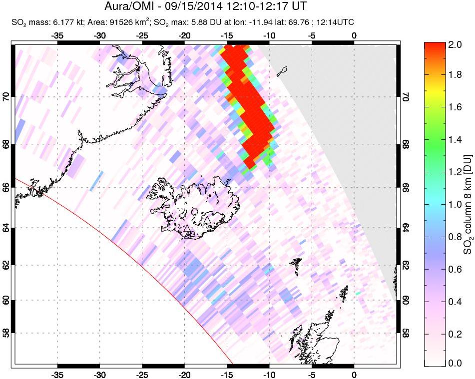 A sulfur dioxide image over Iceland on Sep 15, 2014.