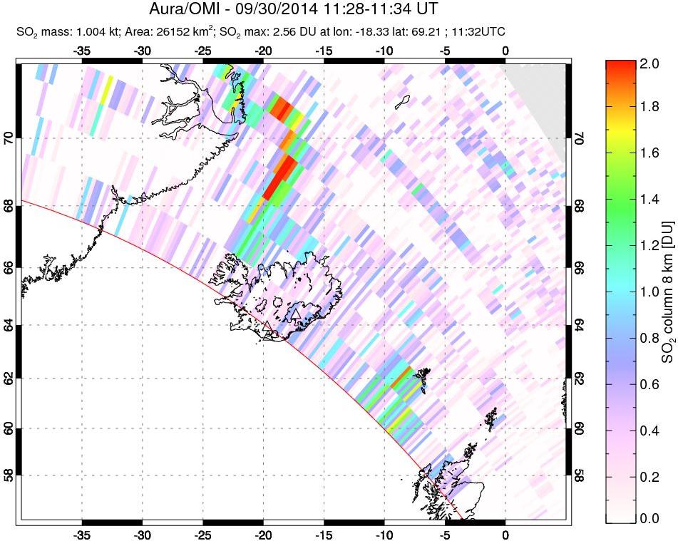 A sulfur dioxide image over Iceland on Sep 30, 2014.
