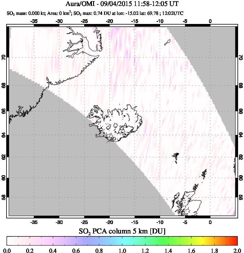 A sulfur dioxide image over Iceland on Sep 04, 2015.