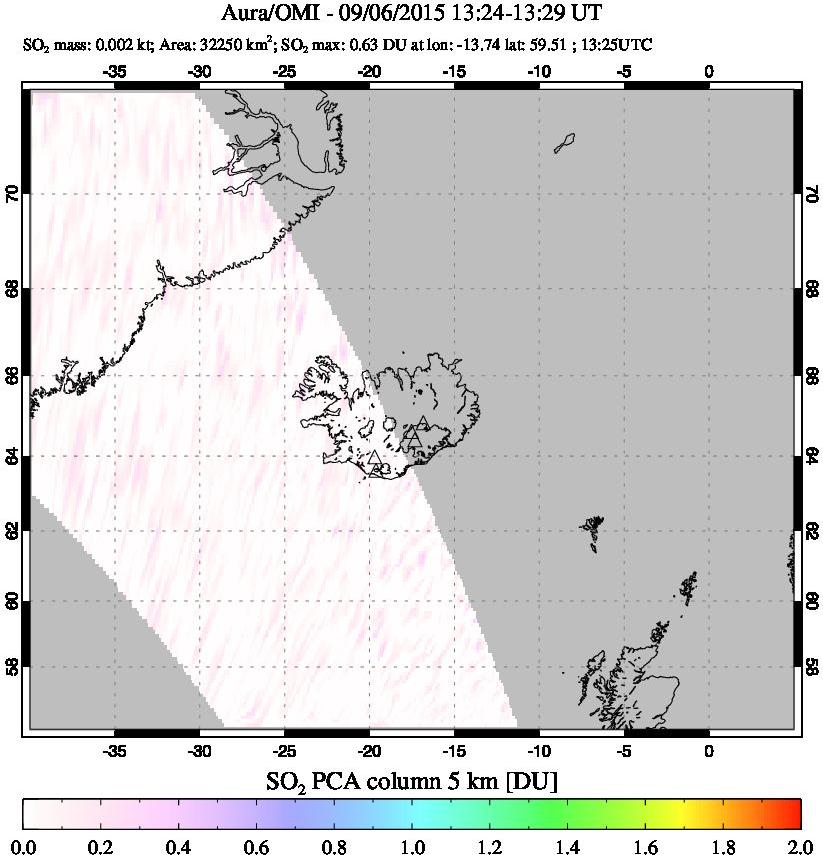 A sulfur dioxide image over Iceland on Sep 06, 2015.