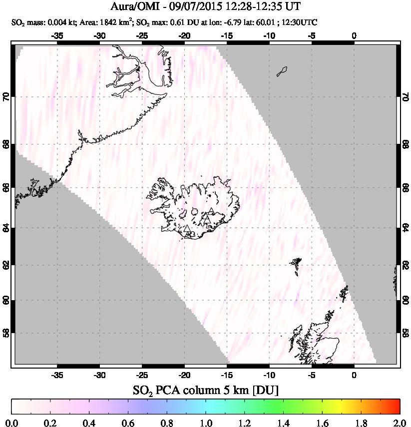 A sulfur dioxide image over Iceland on Sep 07, 2015.