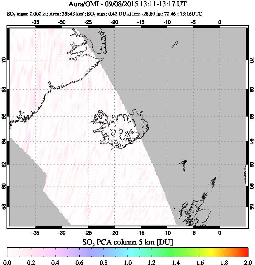 A sulfur dioxide image over Iceland on Sep 08, 2015.