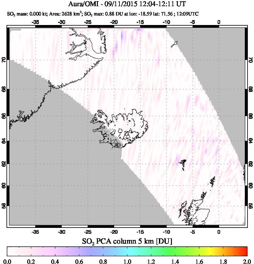 A sulfur dioxide image over Iceland on Sep 11, 2015.