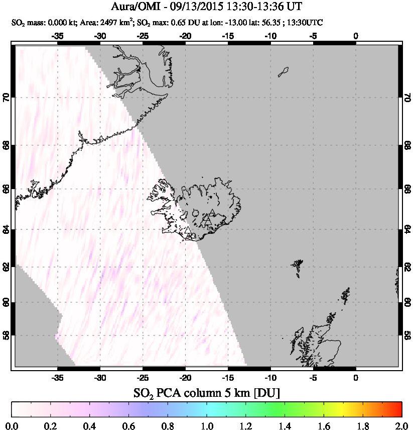 A sulfur dioxide image over Iceland on Sep 13, 2015.