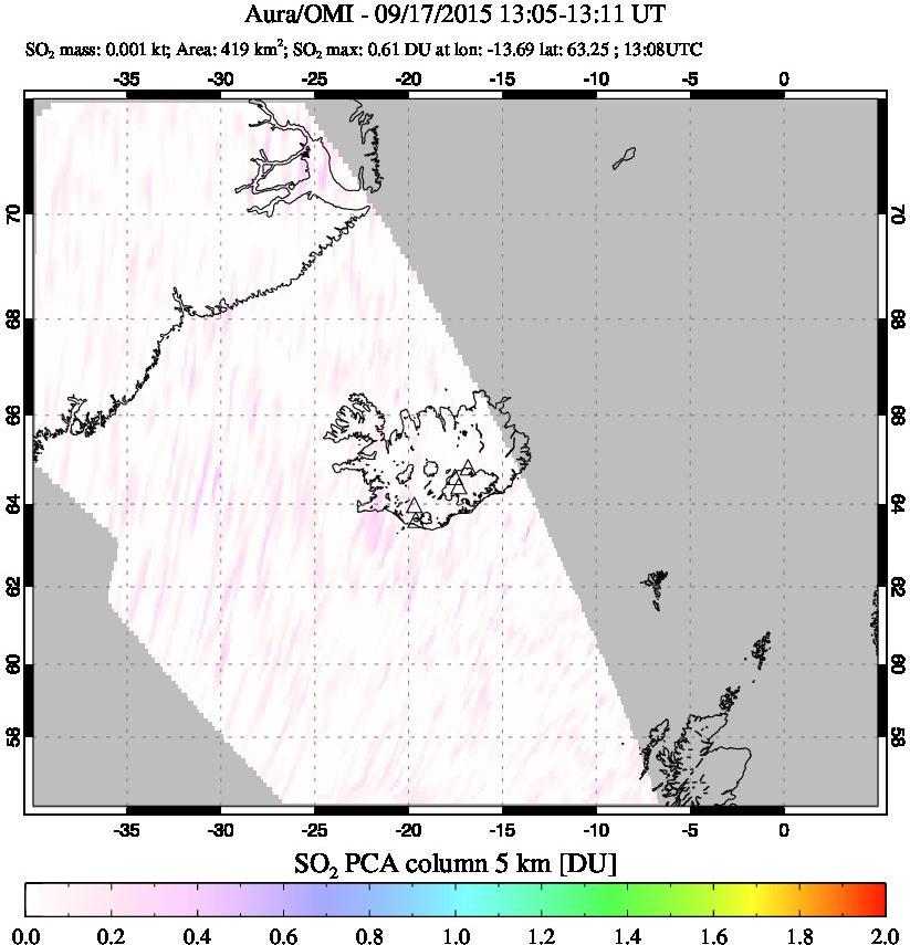 A sulfur dioxide image over Iceland on Sep 17, 2015.