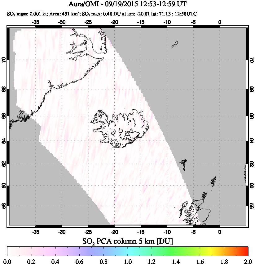 A sulfur dioxide image over Iceland on Sep 19, 2015.