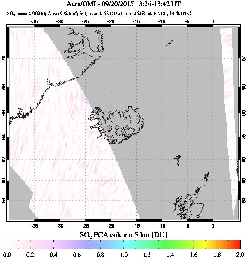 A sulfur dioxide image over Iceland on Sep 20, 2015.