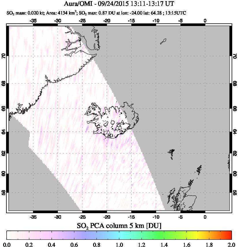 A sulfur dioxide image over Iceland on Sep 24, 2015.