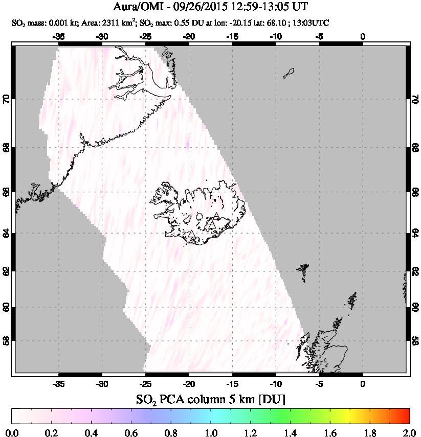 A sulfur dioxide image over Iceland on Sep 26, 2015.