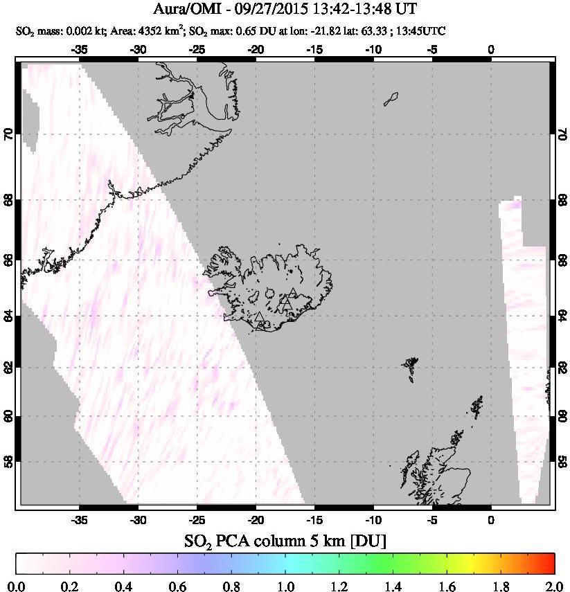 A sulfur dioxide image over Iceland on Sep 27, 2015.