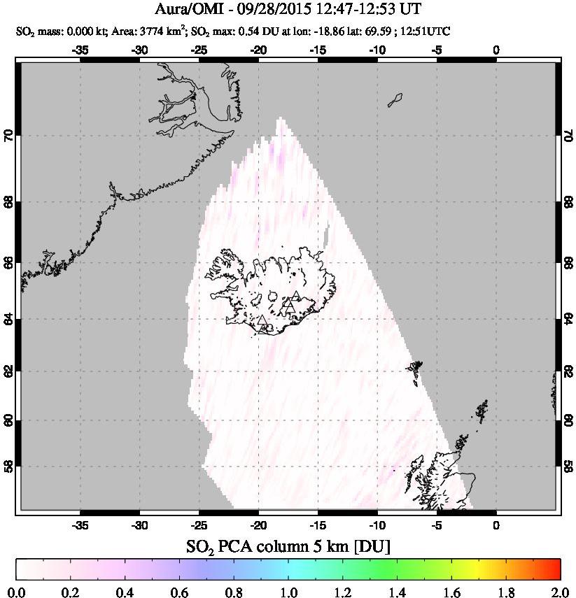 A sulfur dioxide image over Iceland on Sep 28, 2015.