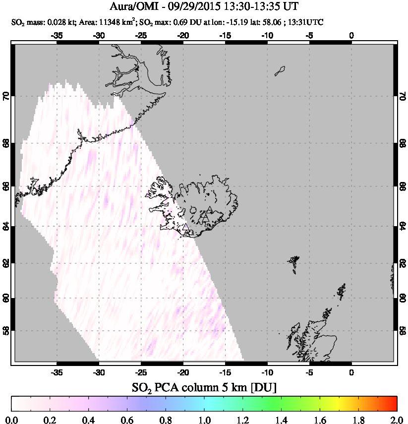 A sulfur dioxide image over Iceland on Sep 29, 2015.