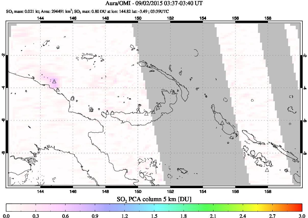 A sulfur dioxide image over Papua, New Guinea on Sep 02, 2015.