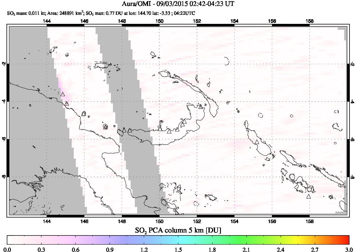 A sulfur dioxide image over Papua, New Guinea on Sep 03, 2015.