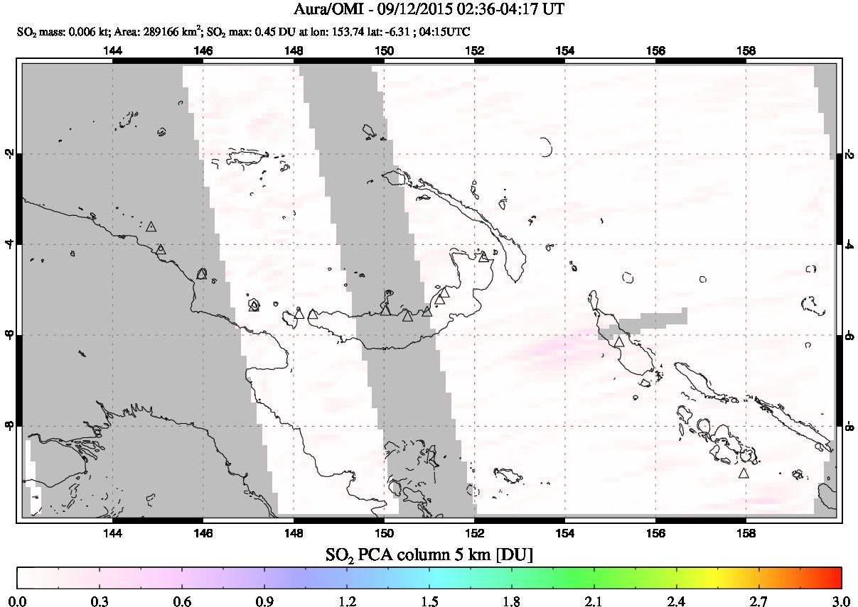 A sulfur dioxide image over Papua, New Guinea on Sep 12, 2015.