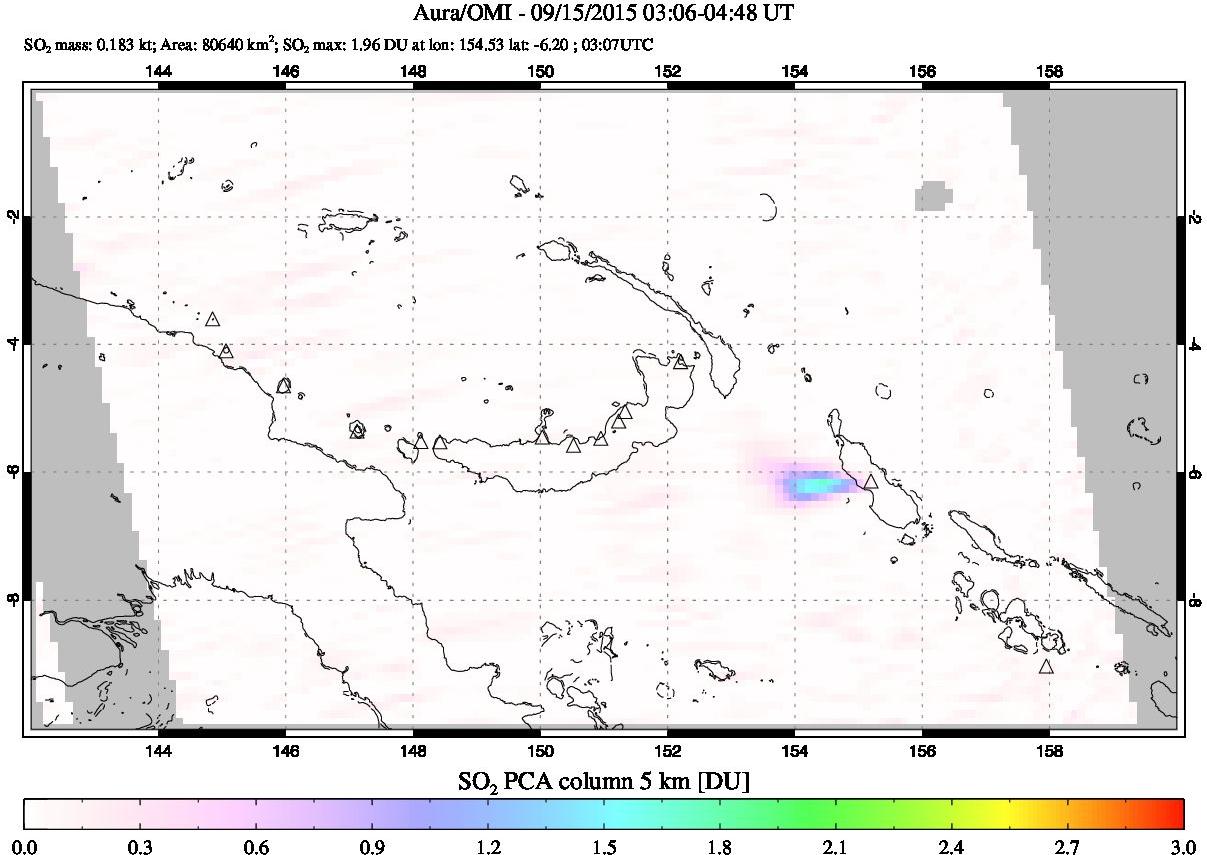 A sulfur dioxide image over Papua, New Guinea on Sep 15, 2015.