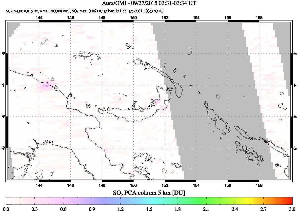 A sulfur dioxide image over Papua, New Guinea on Sep 27, 2015.