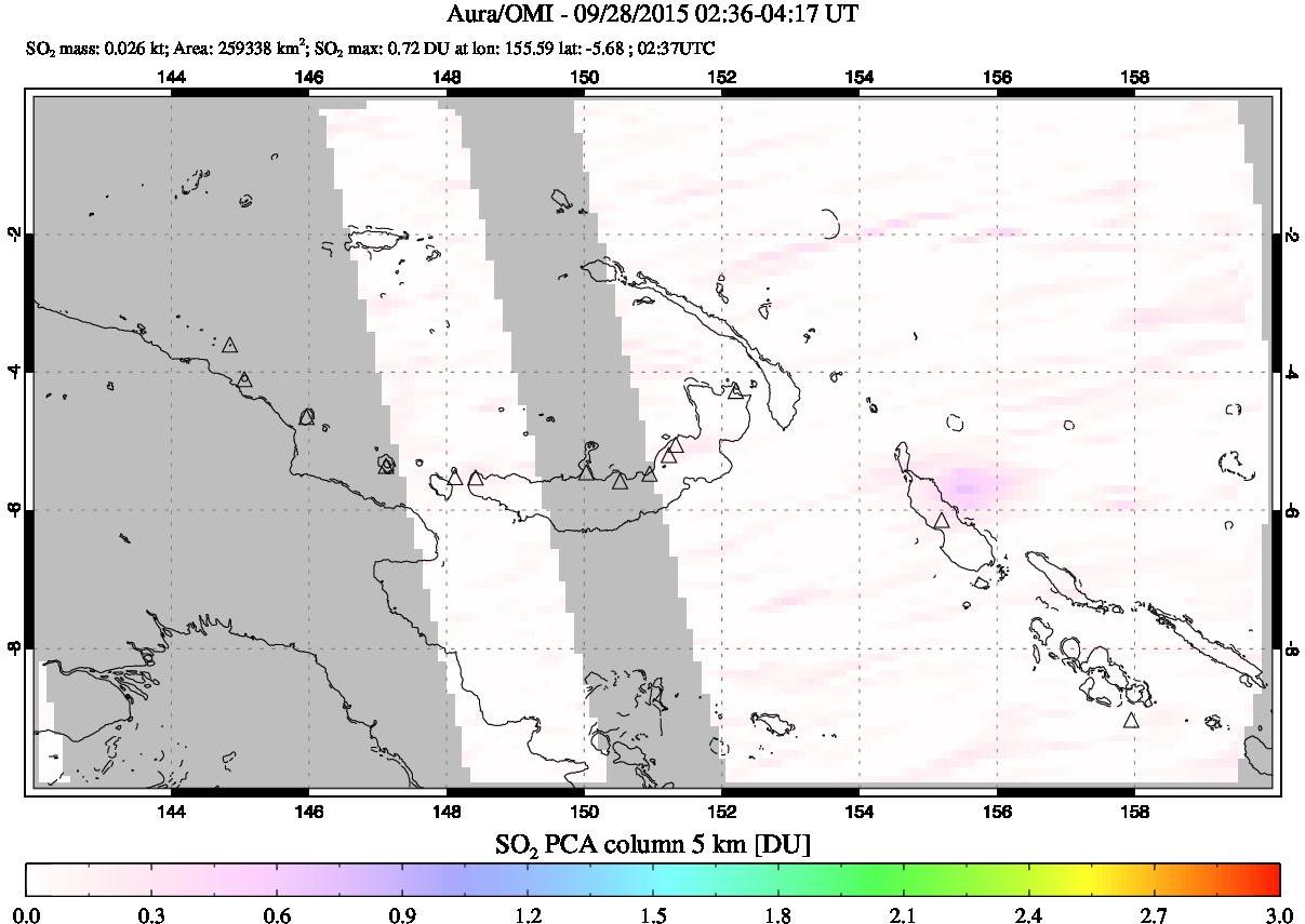 A sulfur dioxide image over Papua, New Guinea on Sep 28, 2015.