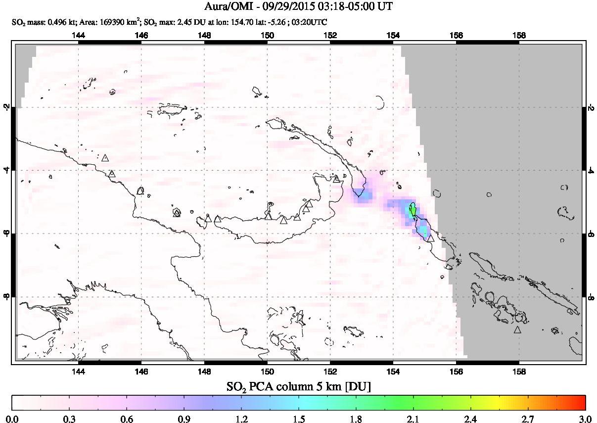 A sulfur dioxide image over Papua, New Guinea on Sep 29, 2015.