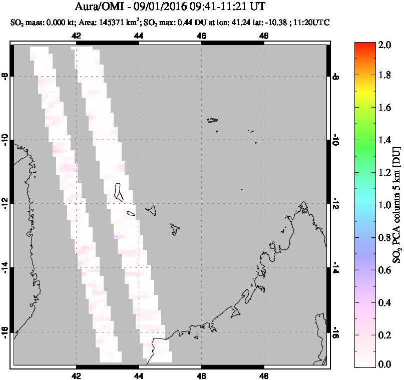 A sulfur dioxide image over Comoro Islands on Sep 01, 2016.