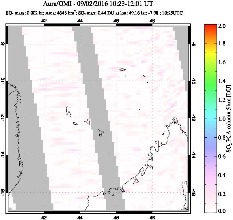 A sulfur dioxide image over Comoro Islands on Sep 02, 2016.