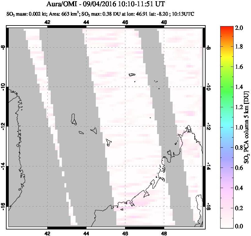 A sulfur dioxide image over Comoro Islands on Sep 04, 2016.