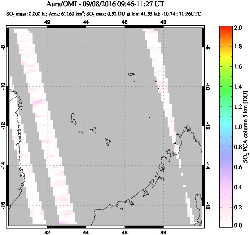 A sulfur dioxide image over Comoro Islands on Sep 08, 2016.