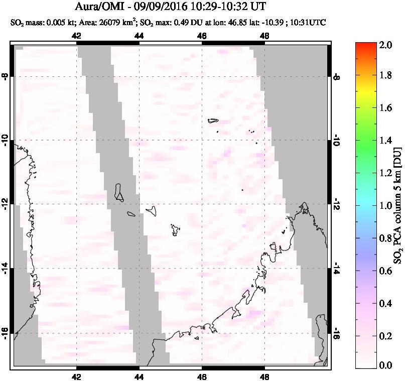 A sulfur dioxide image over Comoro Islands on Sep 09, 2016.