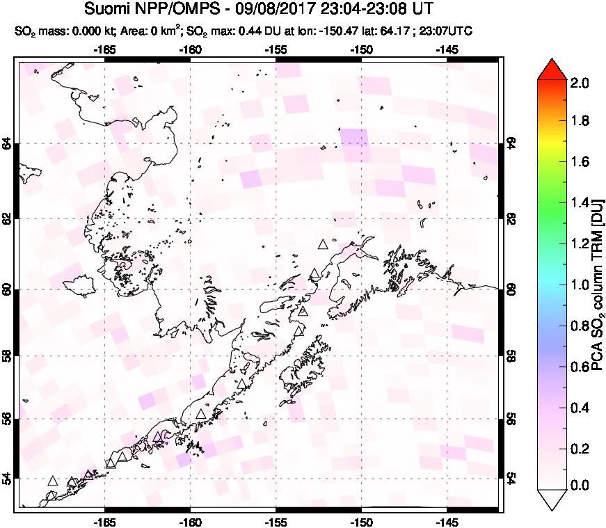 A sulfur dioxide image over Alaska, USA on Sep 08, 2017.