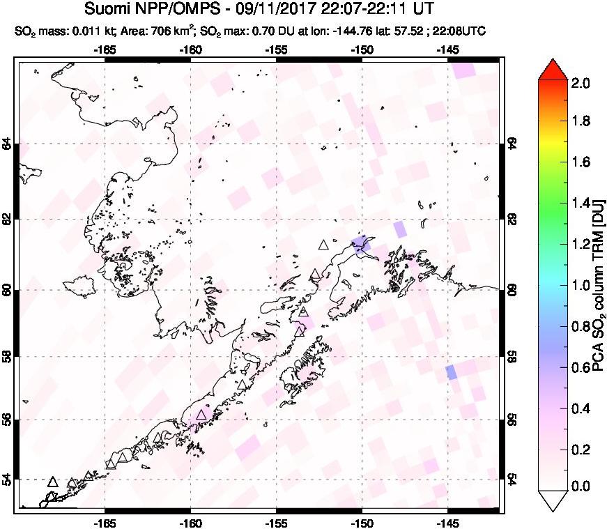 A sulfur dioxide image over Alaska, USA on Sep 11, 2017.