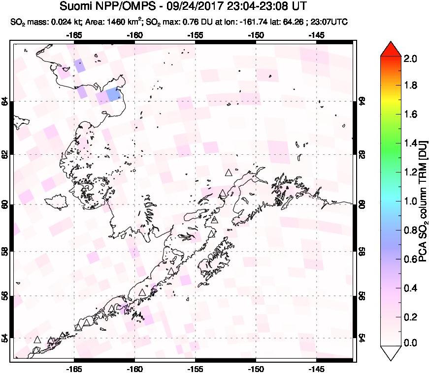 A sulfur dioxide image over Alaska, USA on Sep 24, 2017.