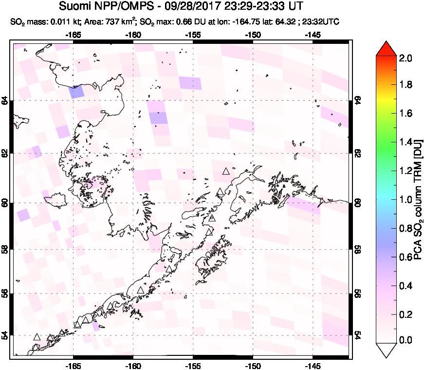 A sulfur dioxide image over Alaska, USA on Sep 28, 2017.