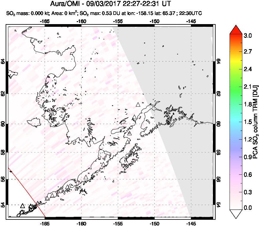 A sulfur dioxide image over Alaska, USA on Sep 03, 2017.
