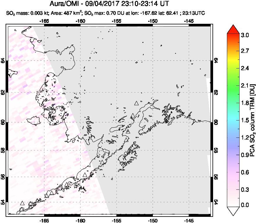 A sulfur dioxide image over Alaska, USA on Sep 04, 2017.