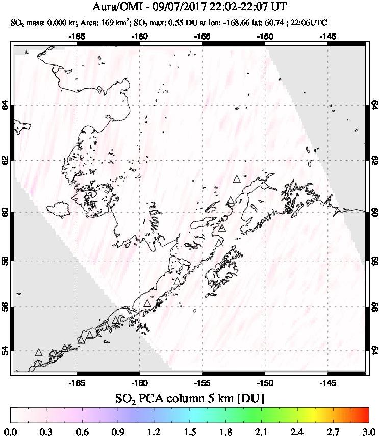A sulfur dioxide image over Alaska, USA on Sep 07, 2017.