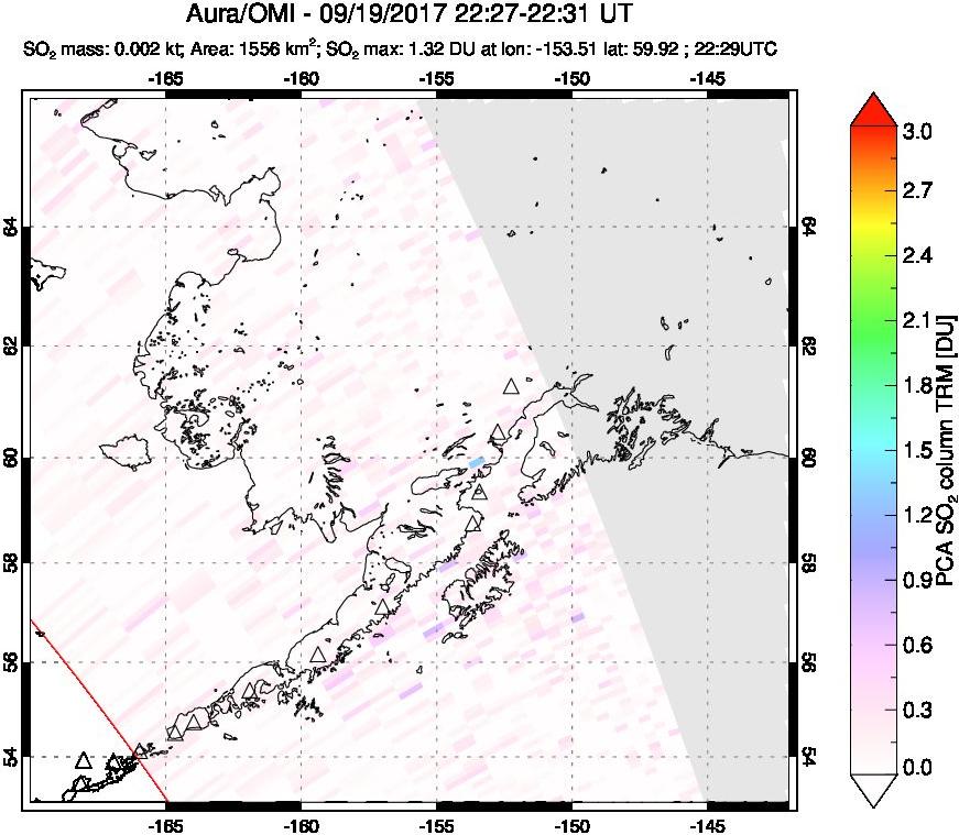 A sulfur dioxide image over Alaska, USA on Sep 19, 2017.