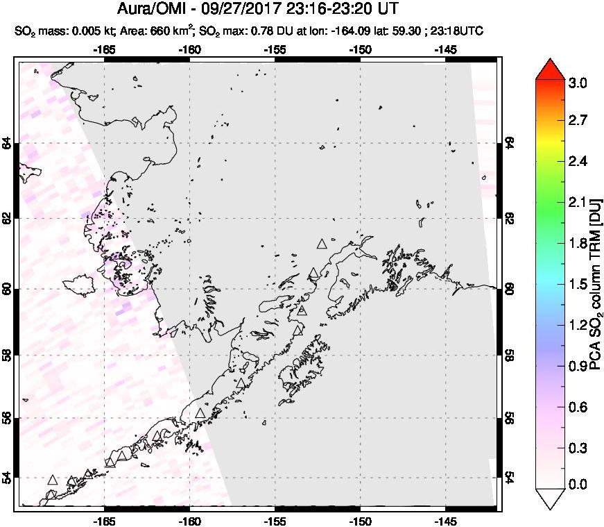 A sulfur dioxide image over Alaska, USA on Sep 27, 2017.