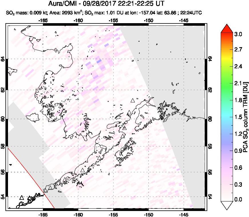 A sulfur dioxide image over Alaska, USA on Sep 28, 2017.