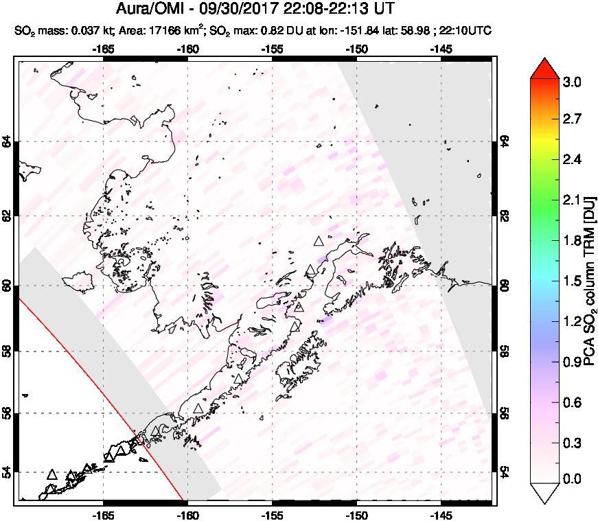 A sulfur dioxide image over Alaska, USA on Sep 30, 2017.
