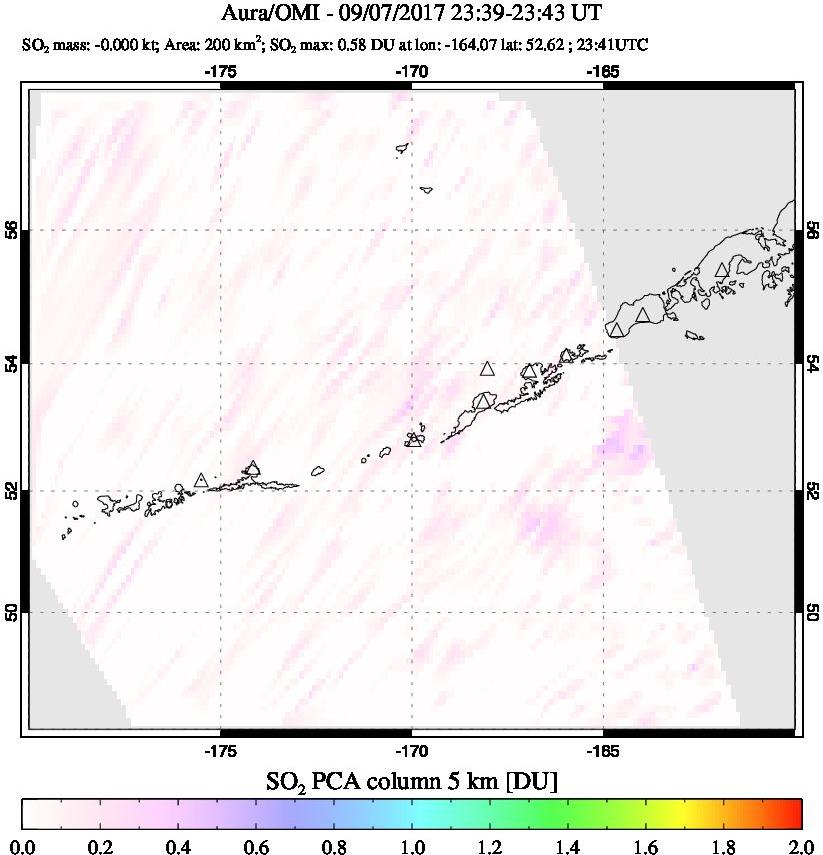 A sulfur dioxide image over Aleutian Islands, Alaska, USA on Sep 07, 2017.