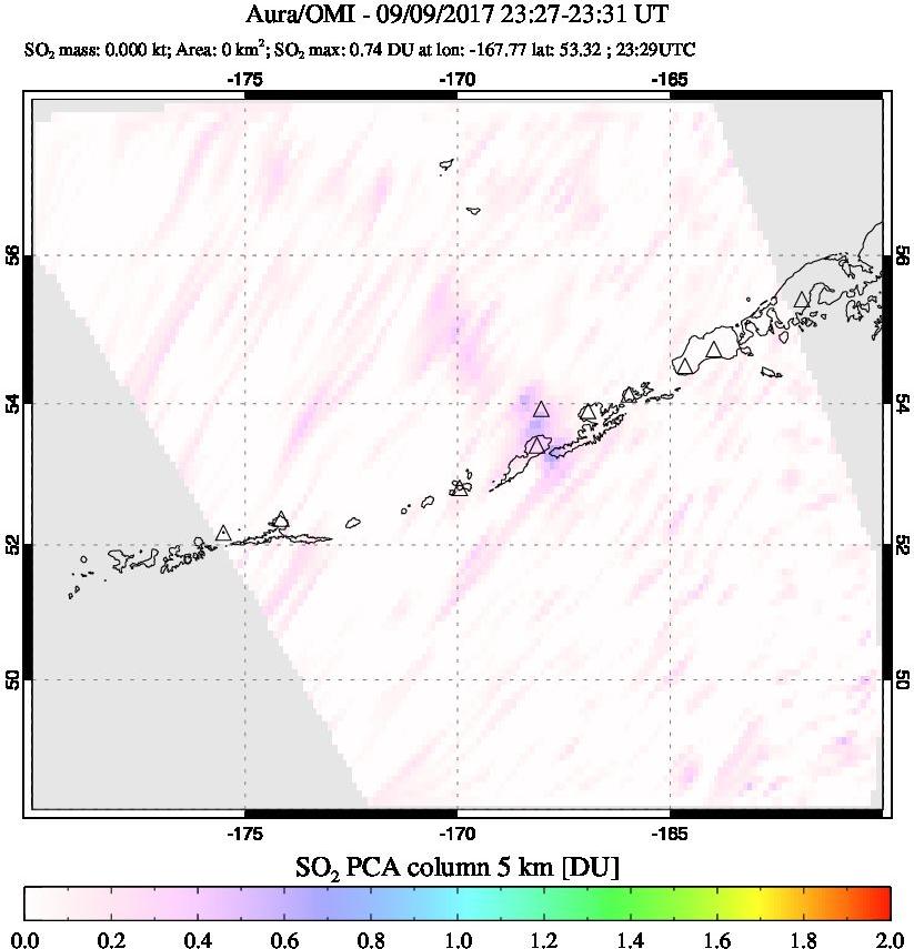 A sulfur dioxide image over Aleutian Islands, Alaska, USA on Sep 09, 2017.