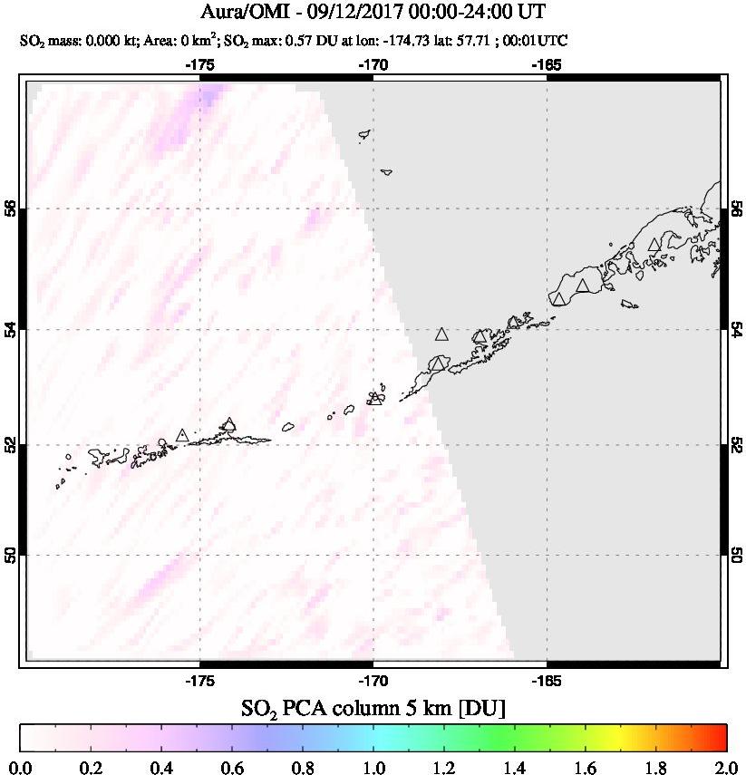 A sulfur dioxide image over Aleutian Islands, Alaska, USA on Sep 12, 2017.